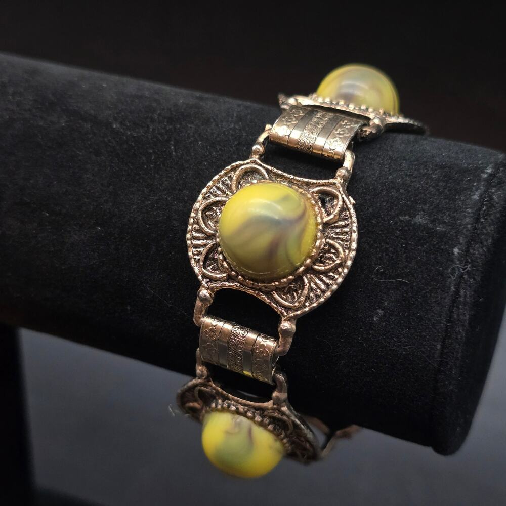 Vintage Marbled Yellow Book Link Bracelet‎ Bronze Tone